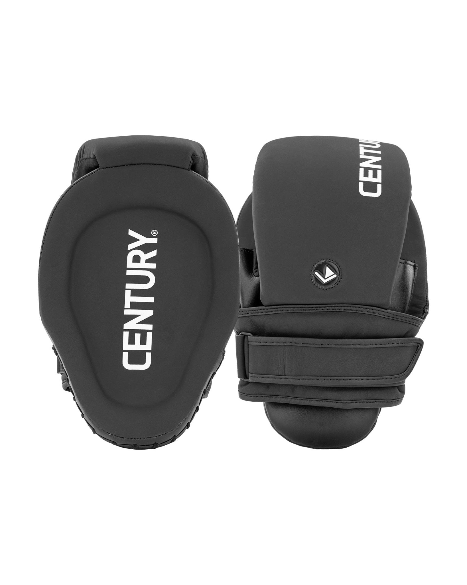 Black catcher's mitt pair, front view with branding on palm side and wrist strap