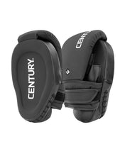 Black catcher's mitt pair, side view with wrist strap and embossed logo patches