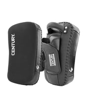 Black curved Thai pads pair, angle view showing front padding and hook-and-loop strap.