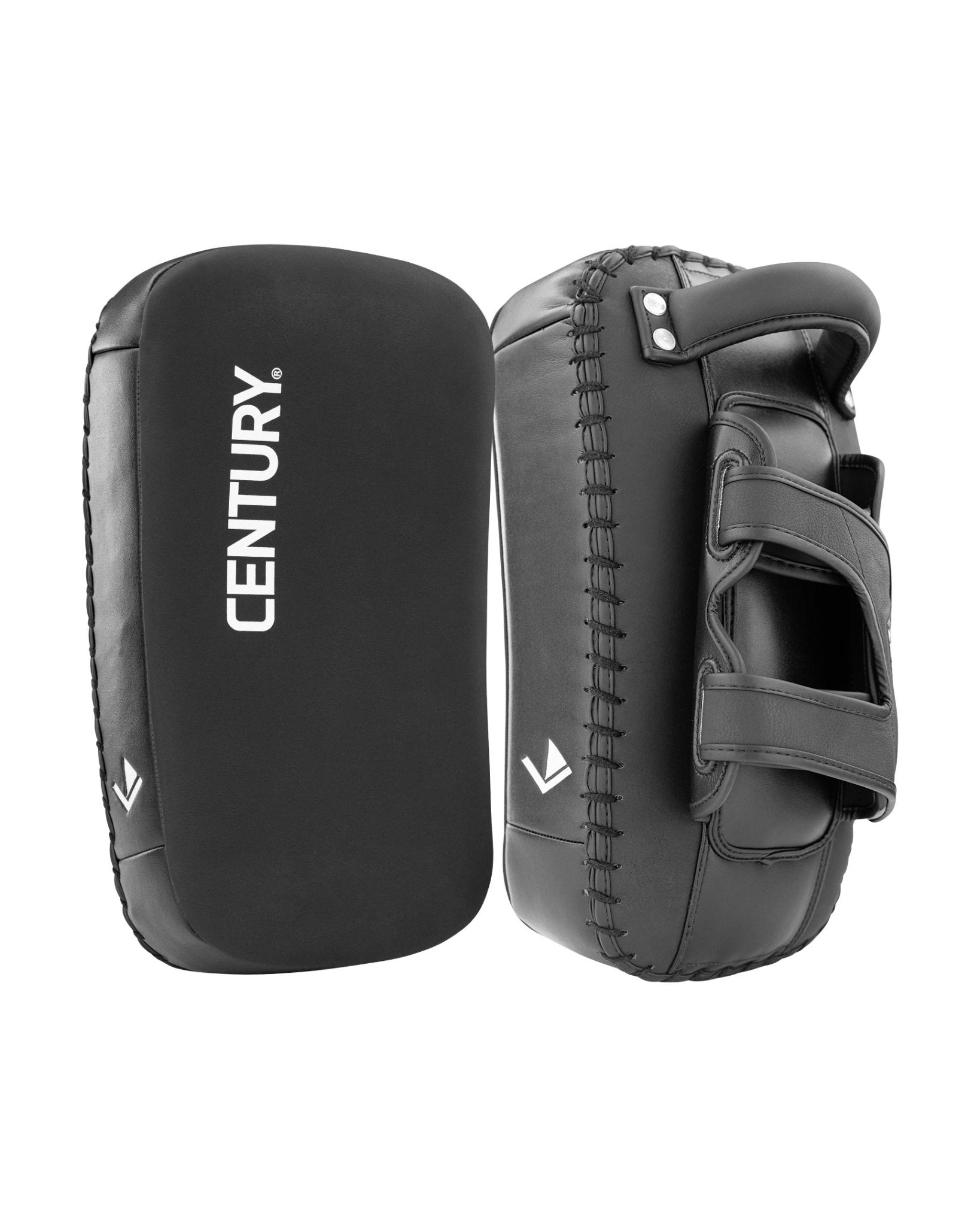 Black curved Thai pads pair, close side view with padded wrist strap and CENTURY marks.