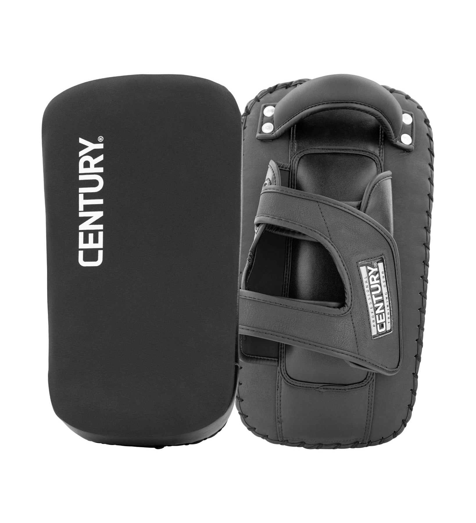 Black curved Thai pads pair with hook-and-loop wrist straps and CENTURY logo.