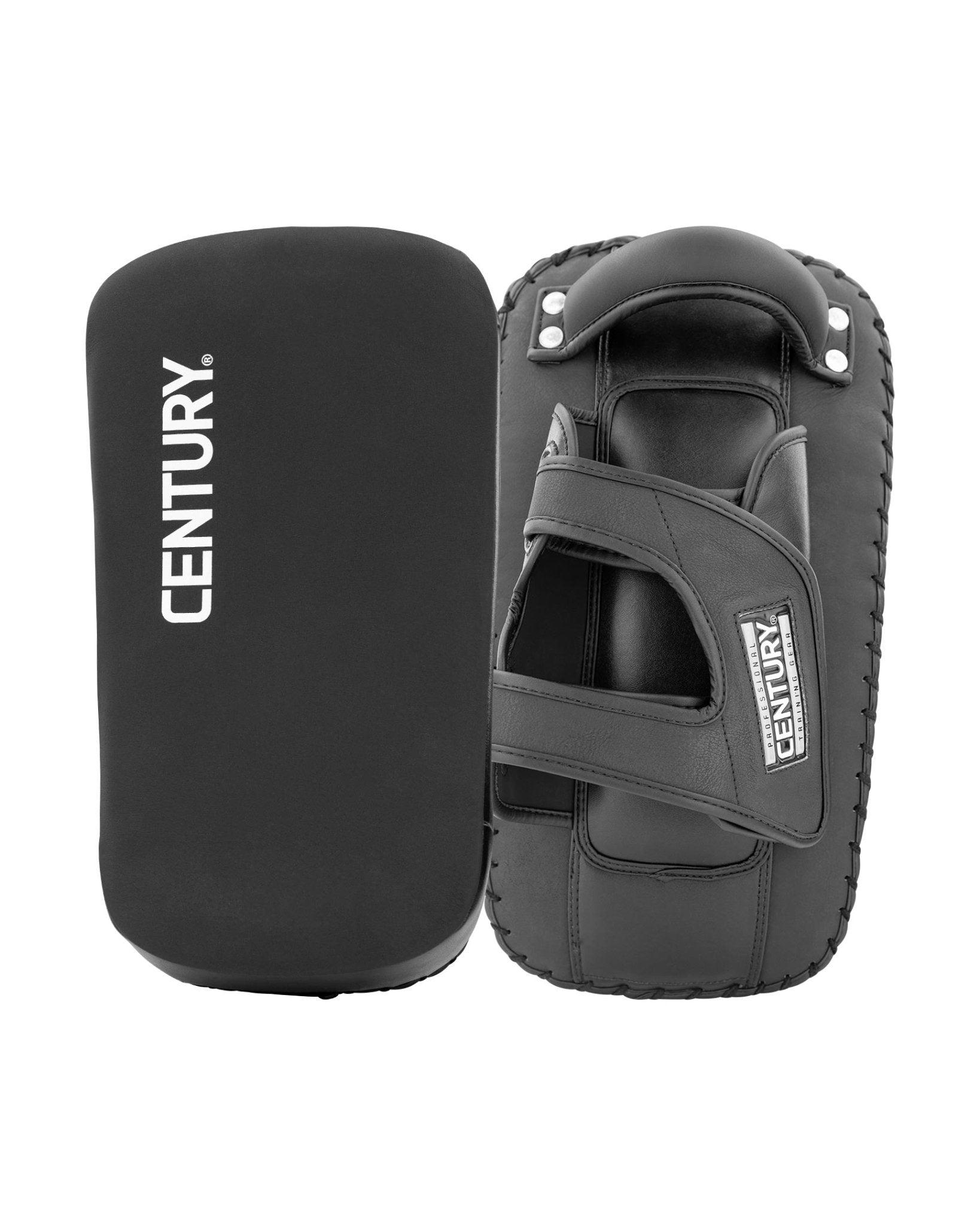 Black curved Thai pads pair with hook-and-loop wrist straps and CENTURY logo.