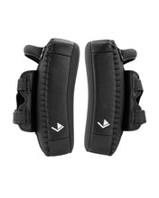 Black curved Thai pads pair, back view with curved shape and wrist strap openings.