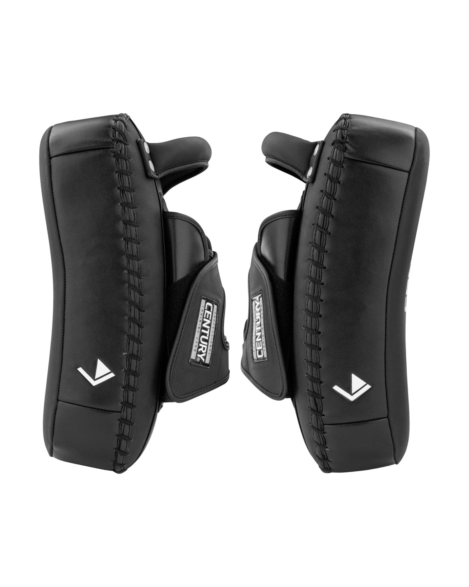 Black curved Thai pads pair, reverse side view with stitched lacing trim and CENTURY labels.