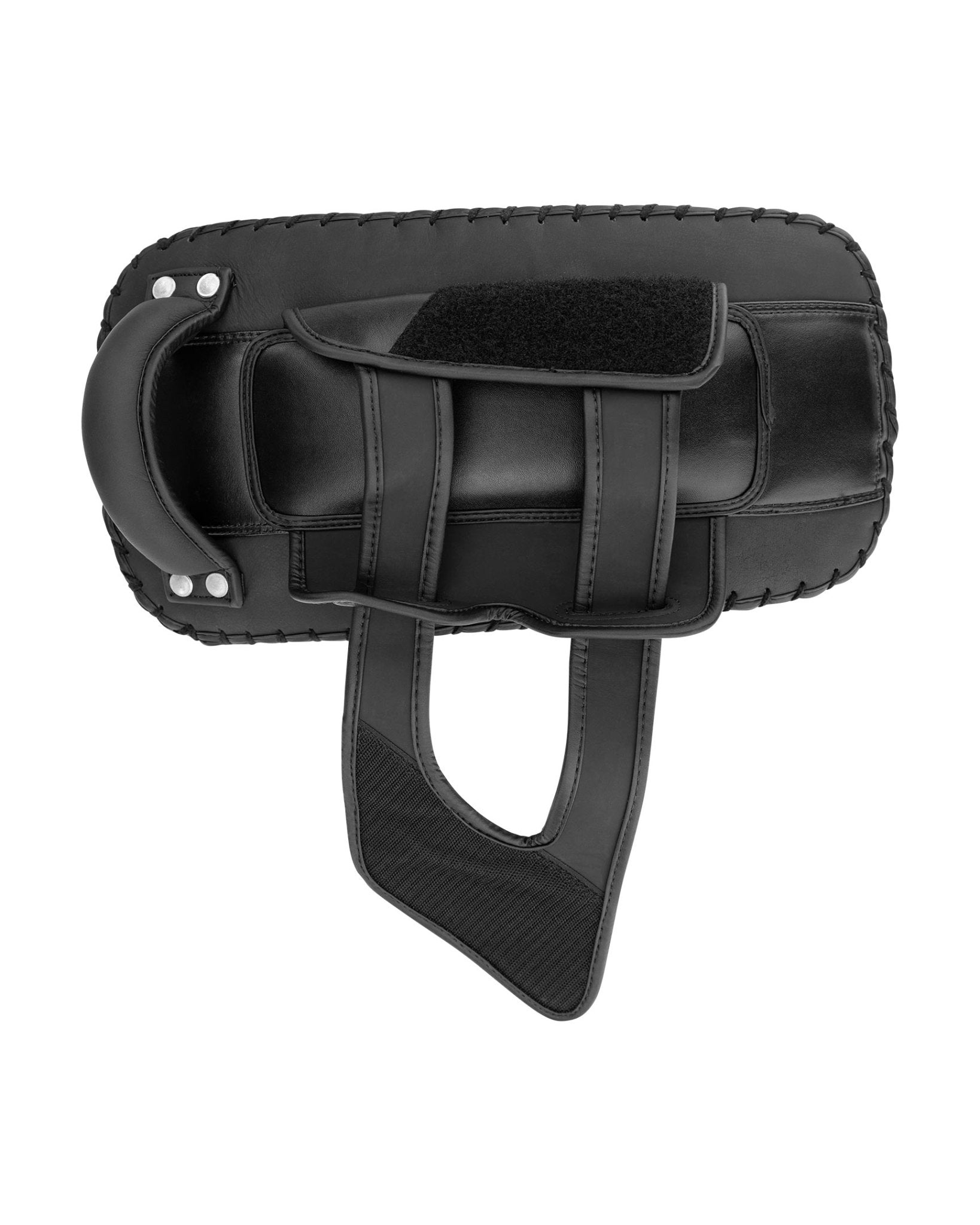 Black curved Thai pads with wrist straps and curved padding