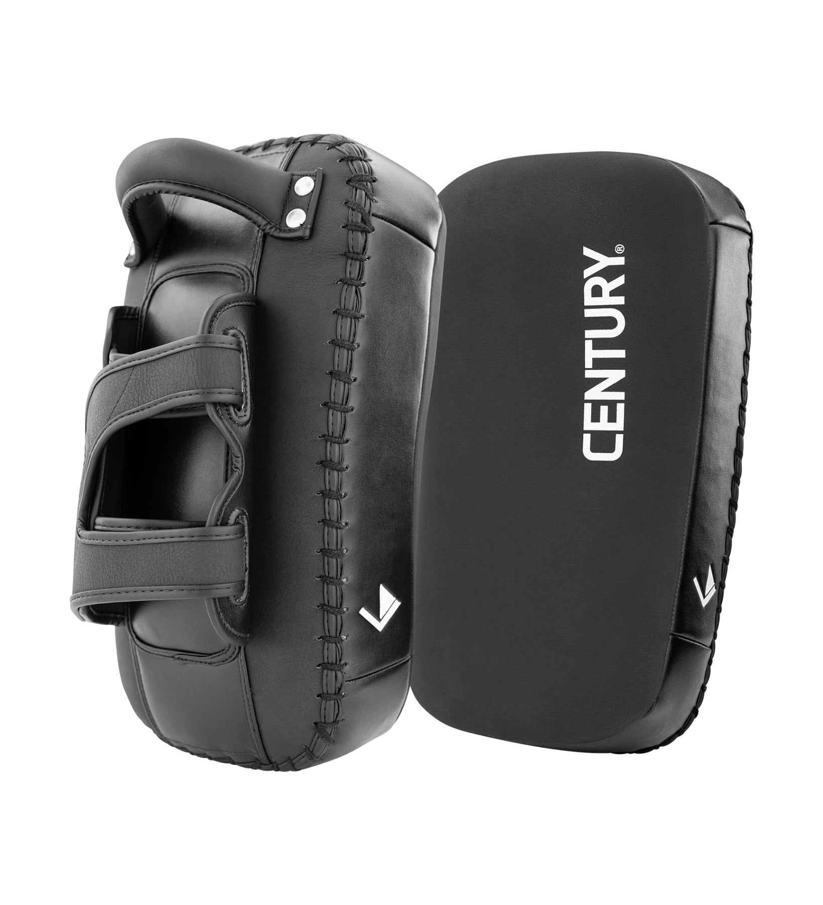 Black curved Thai pads pair, side-by-side view with stitched seams and CENTURY branding.