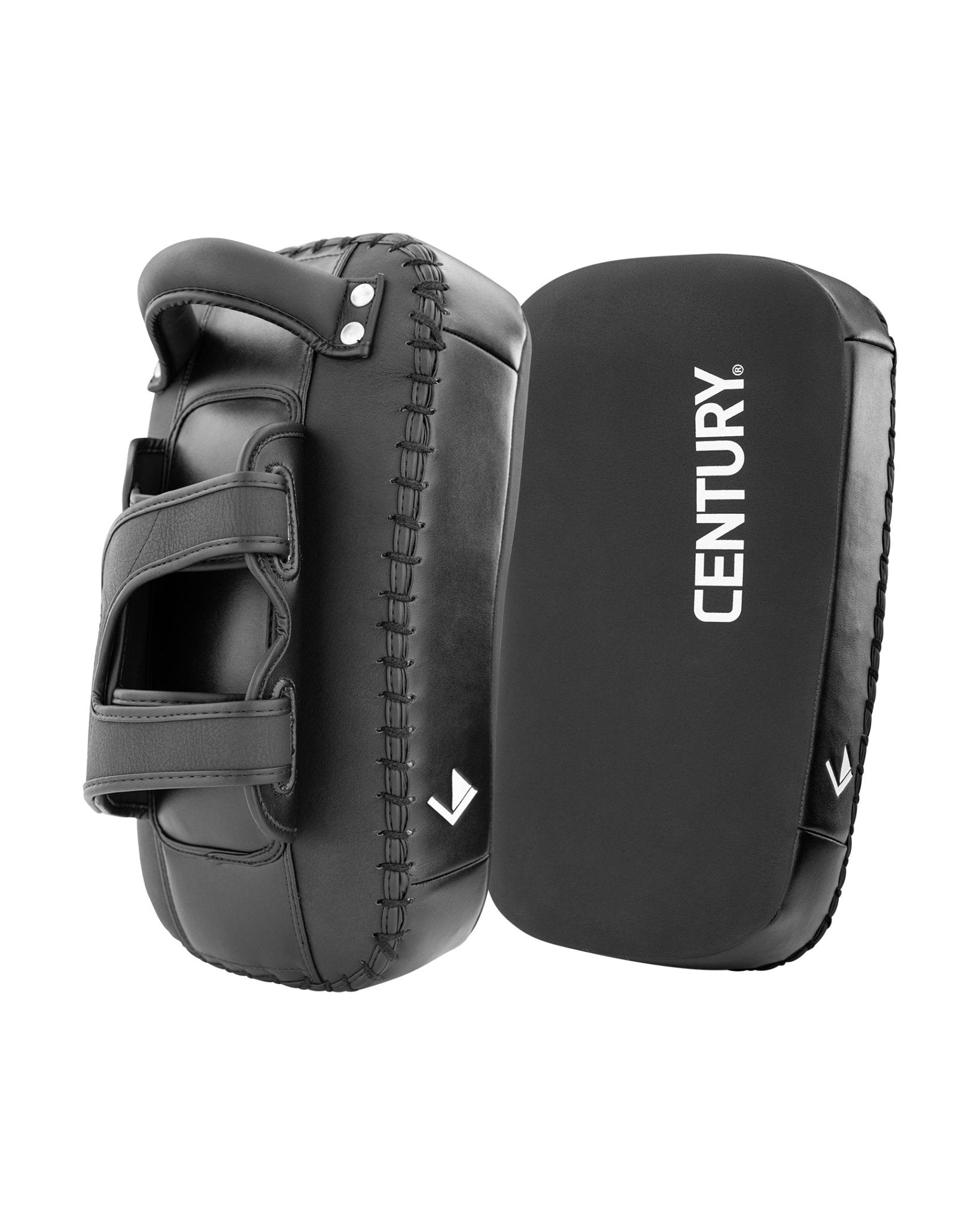 Black curved Thai pads pair, side-by-side view with stitched seams and CENTURY branding.