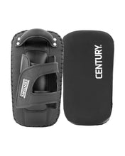 Black curved Thai pads pair, side view with hook-and-loop straps and CENTURY logo.