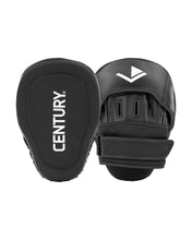 Black Century focus mitt pair, angled view showing 'CENTURY' logo and padded hand pocket