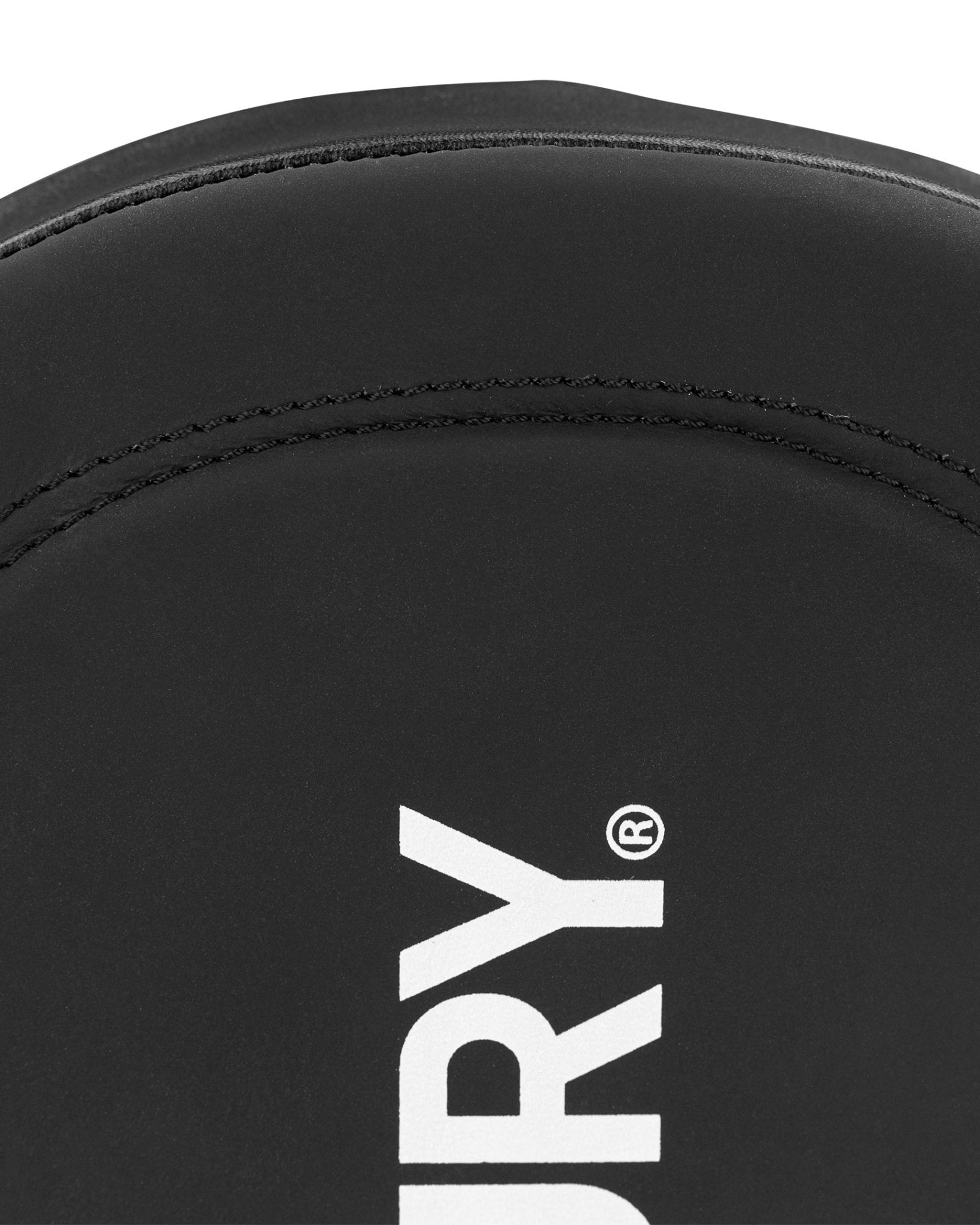 Black Century focus mitt close-up of 'CENTURY' logo on padded surface