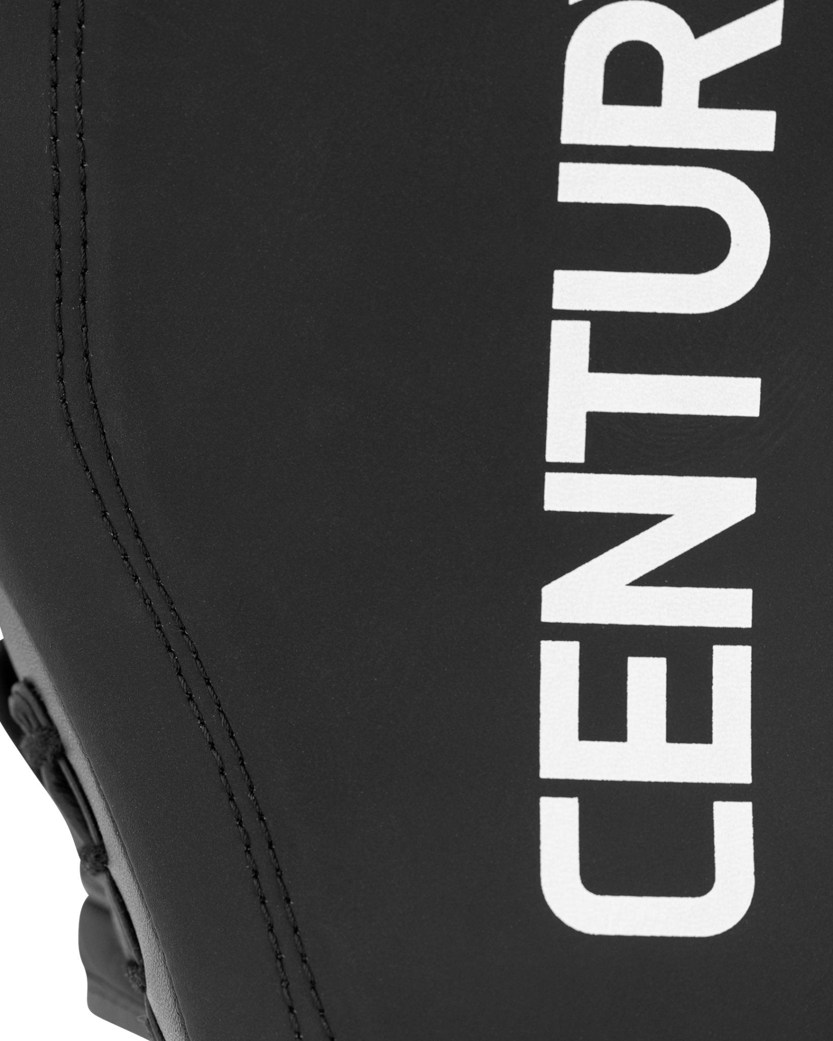 Black focus mitt side view with white CENTURY text and stitched edge seam