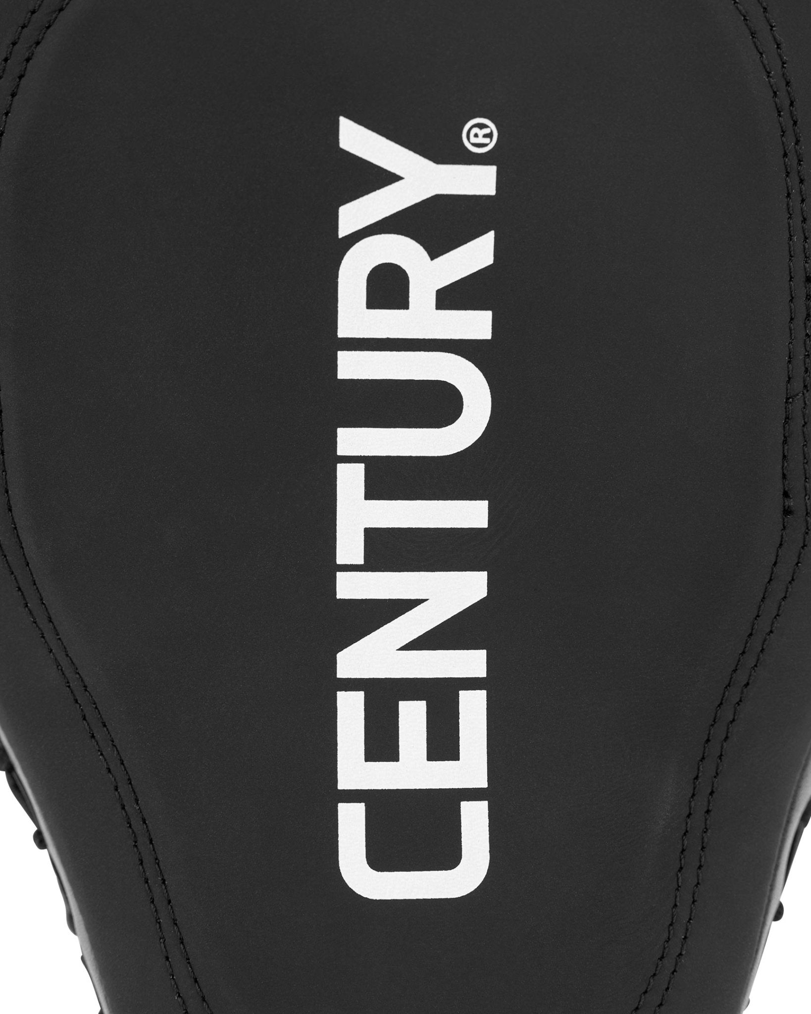 Black focus mitt with vertical white CENTURY logo on padded striking surface