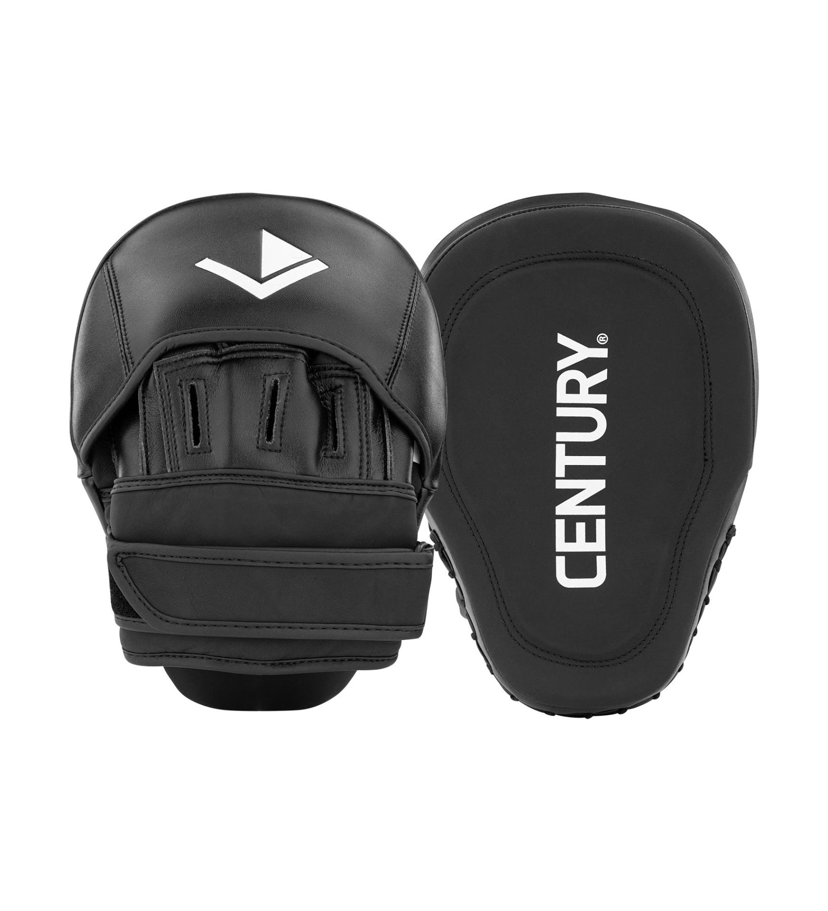 Black Century focus mitt pair, front view with 'CENTURY' logo and hook-and-loop strap