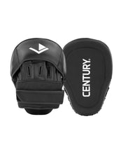 Black Century focus mitt pair, front view with 'CENTURY' logo and hook-and-loop strap