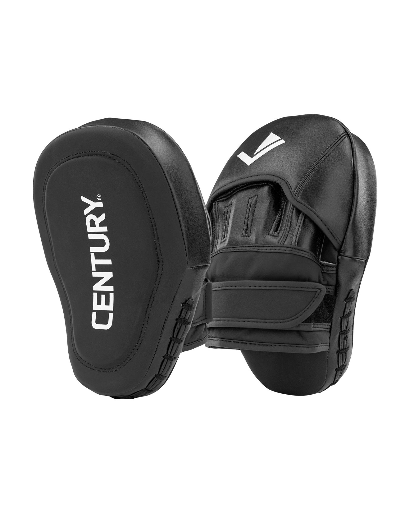 Black Century focus mitt pair, side angle showing hook-and-loop wrist closure