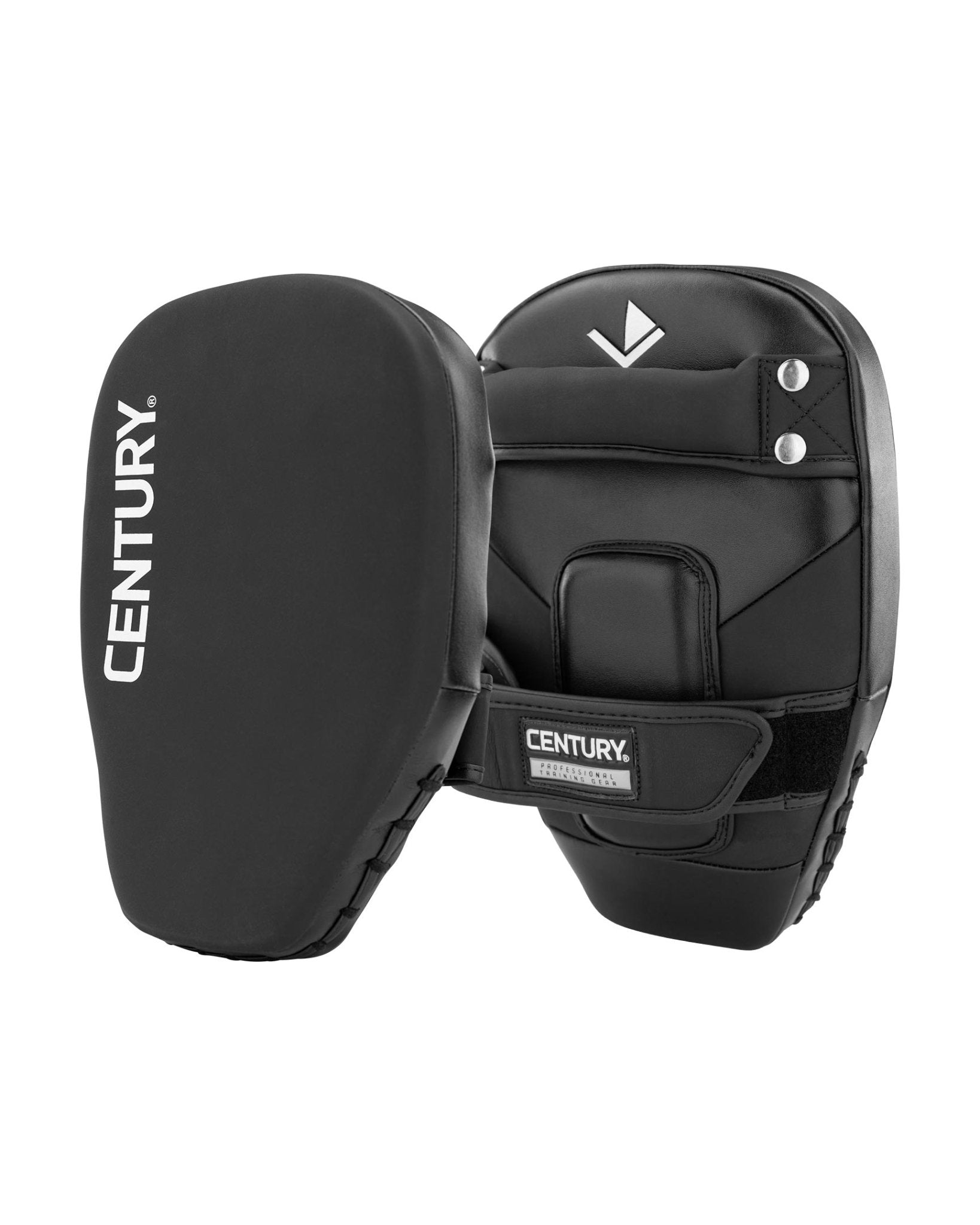 Black boxing Thai focus mitts pair, angled view with padded target and wrist strap