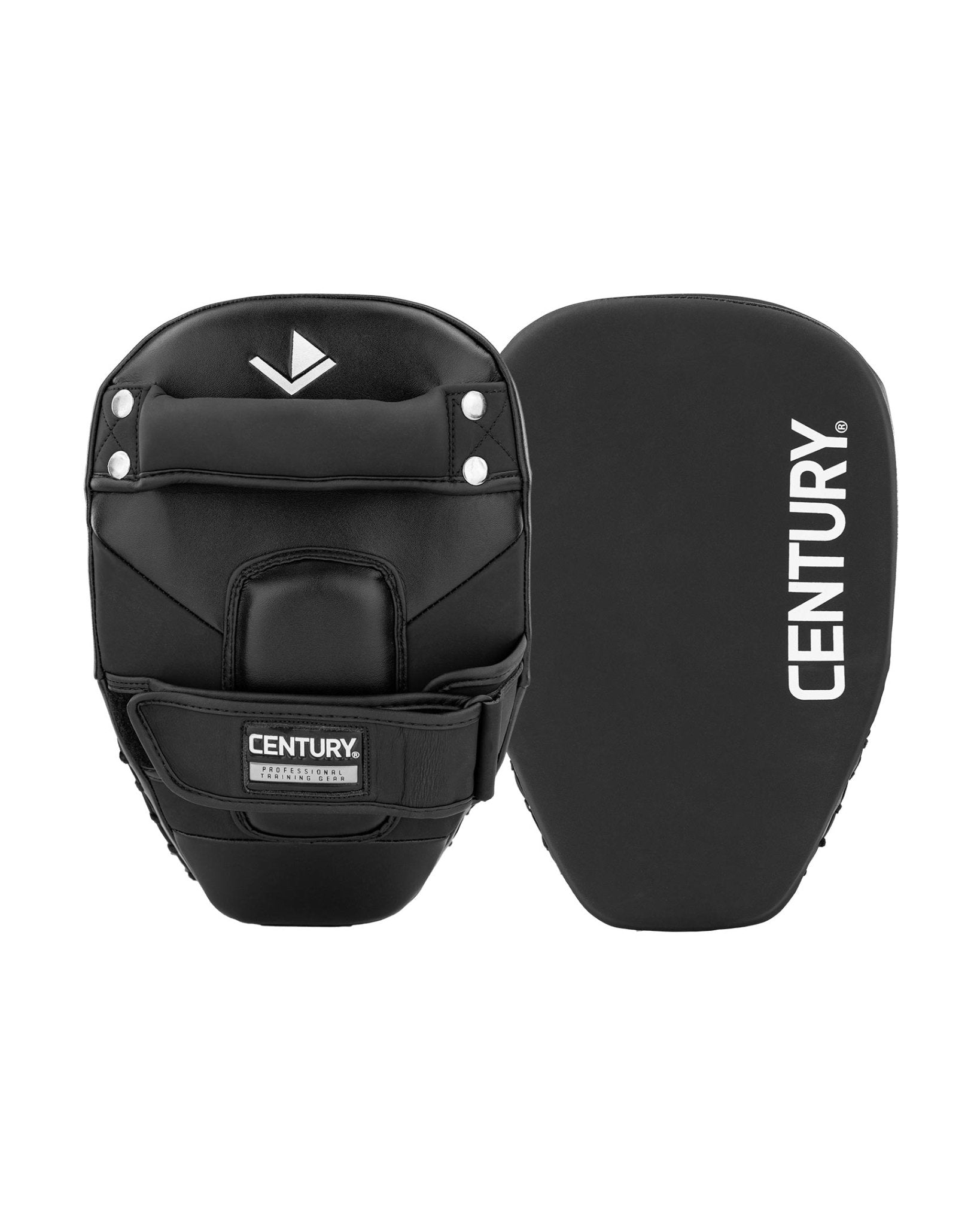Black boxing Thai focus mitt pair with Century logo and wrist straps