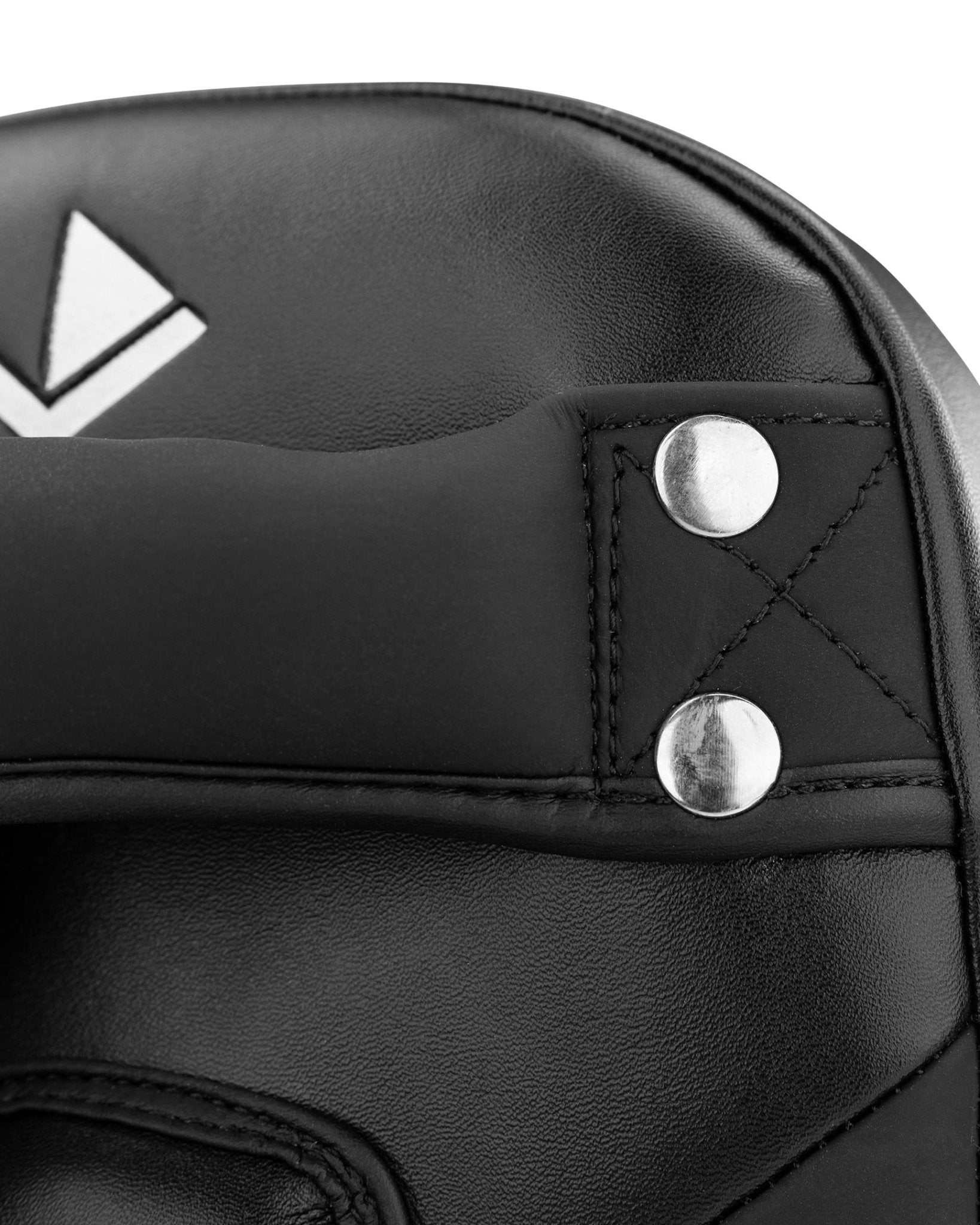Black Thai focus mitt, curved top panel with two metal rivets and vertical V logo