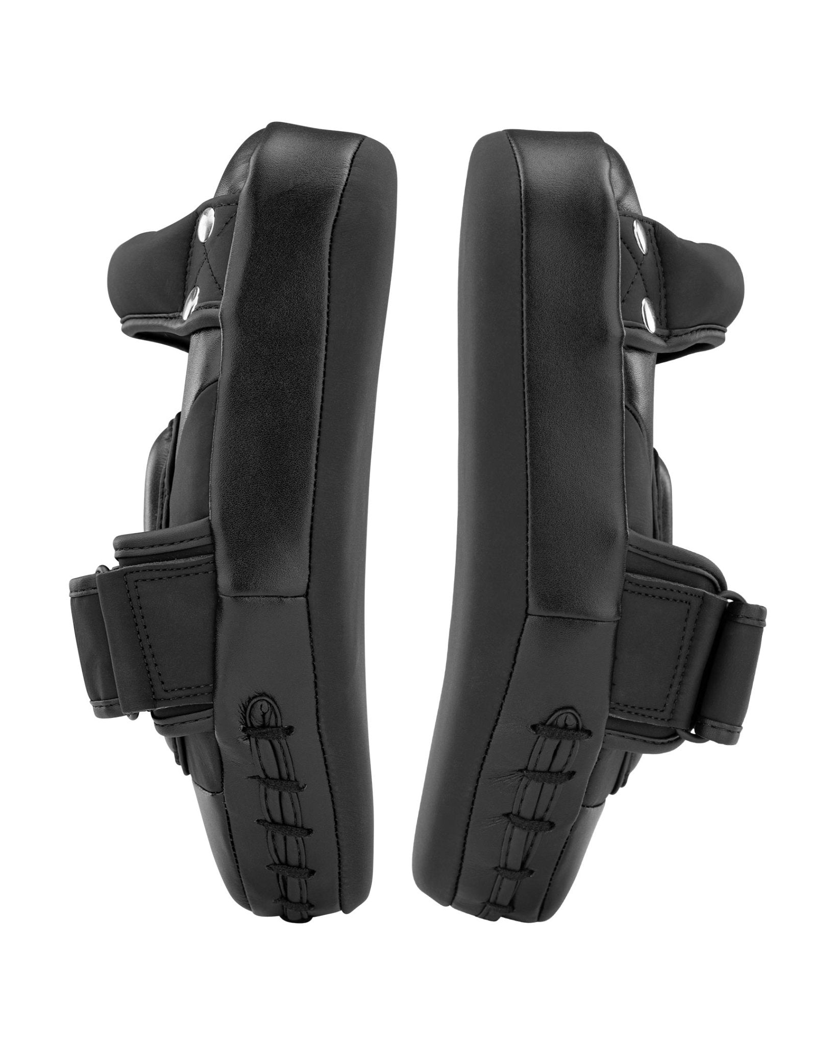 Black Thai focus mitts pair, back view with thick padding and finger strap