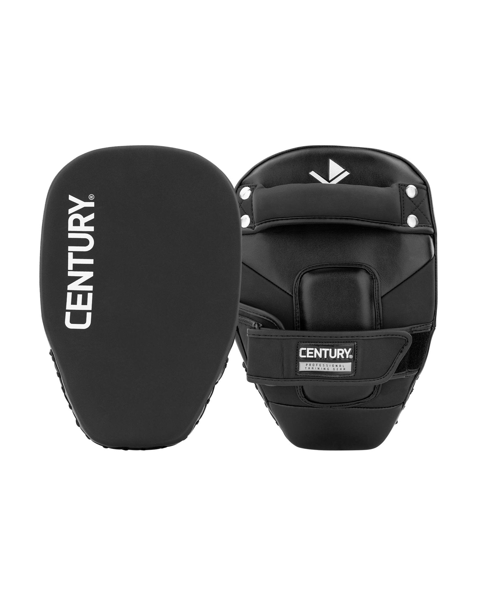 Black boxing focus mitts pair with Century badge and hook-and-loop wrist strap