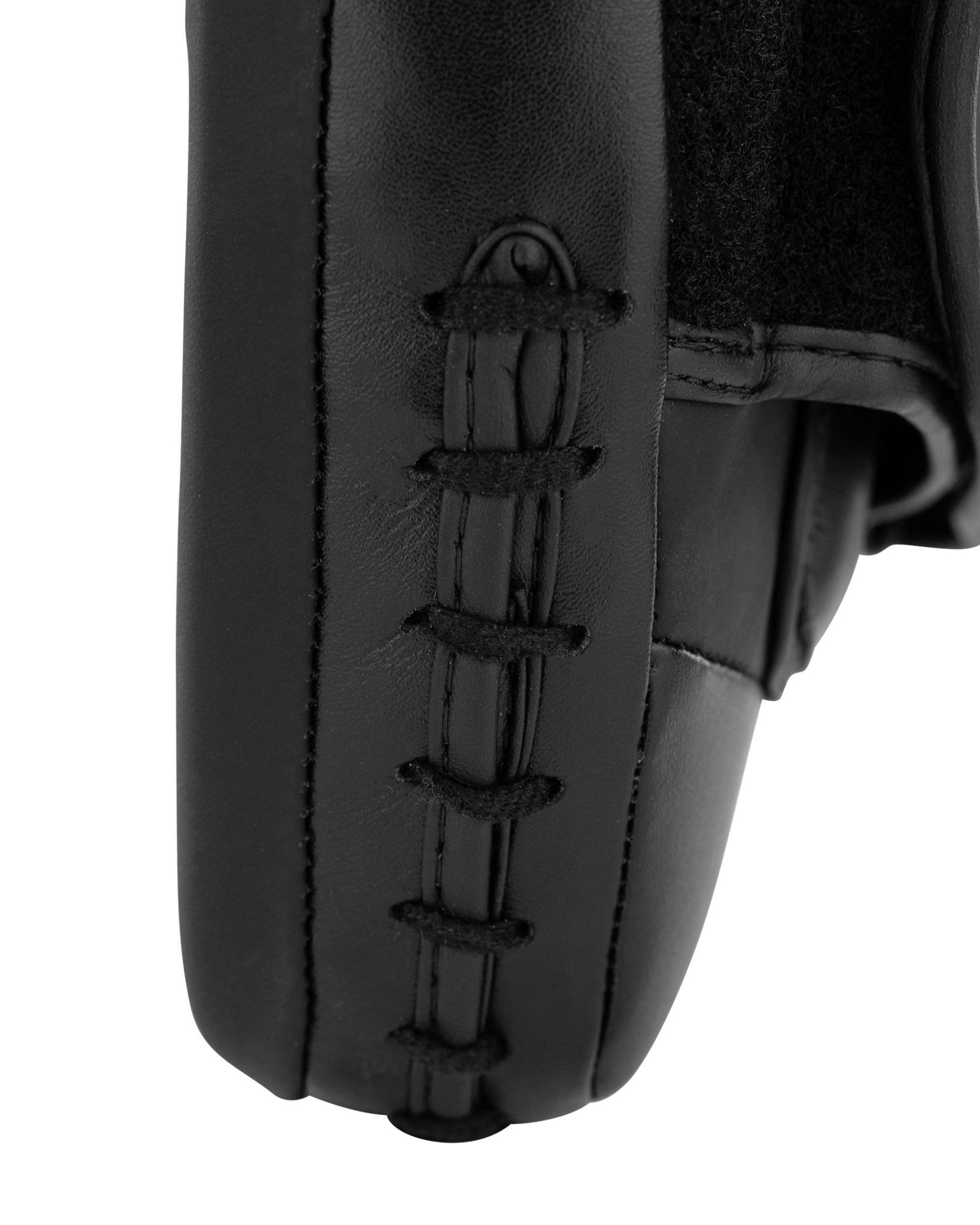 Black Thai focus mitt close-up on lacing design along the padded edge