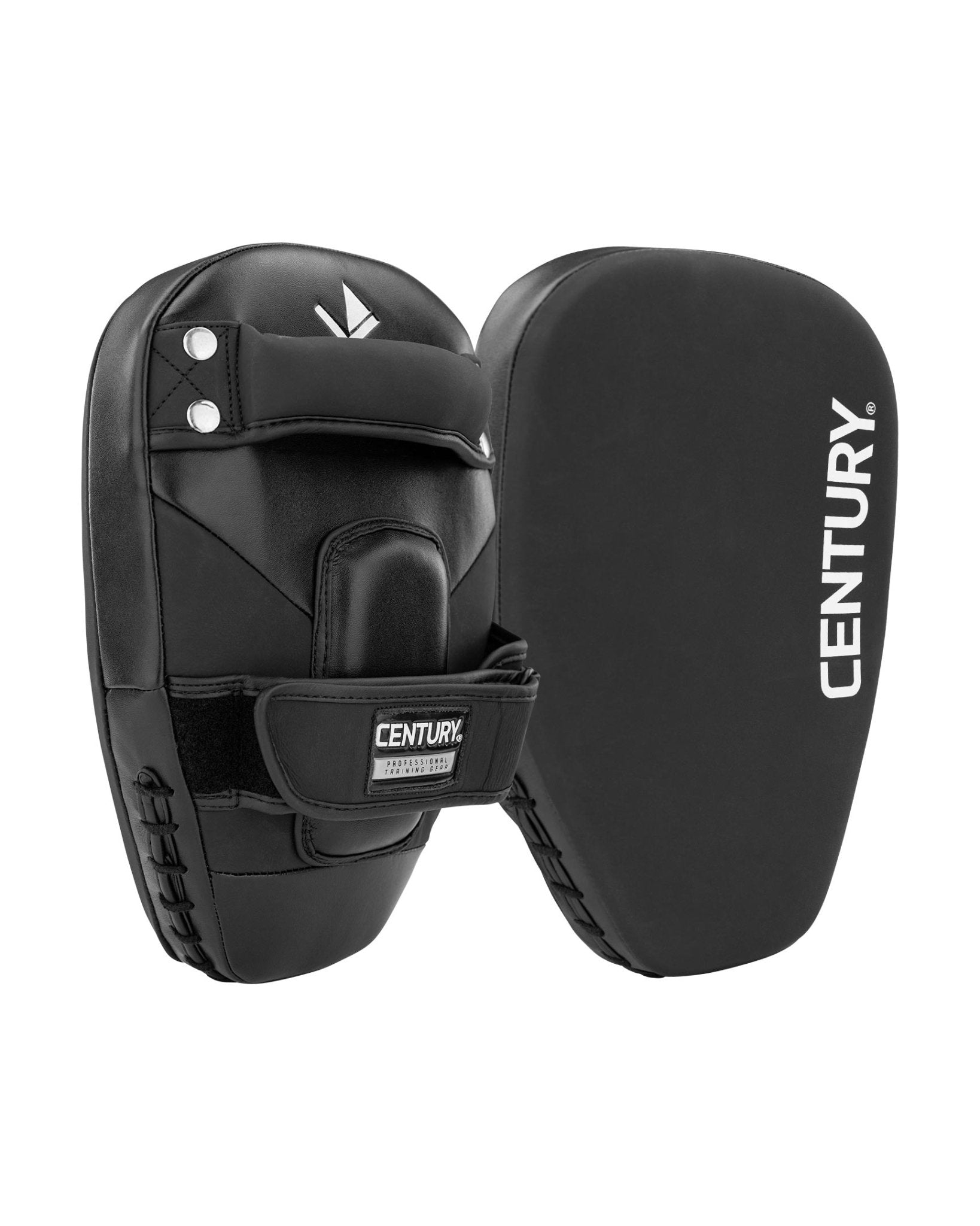Black Thai focus mitt pair, front/inner sides with Century badge and padding