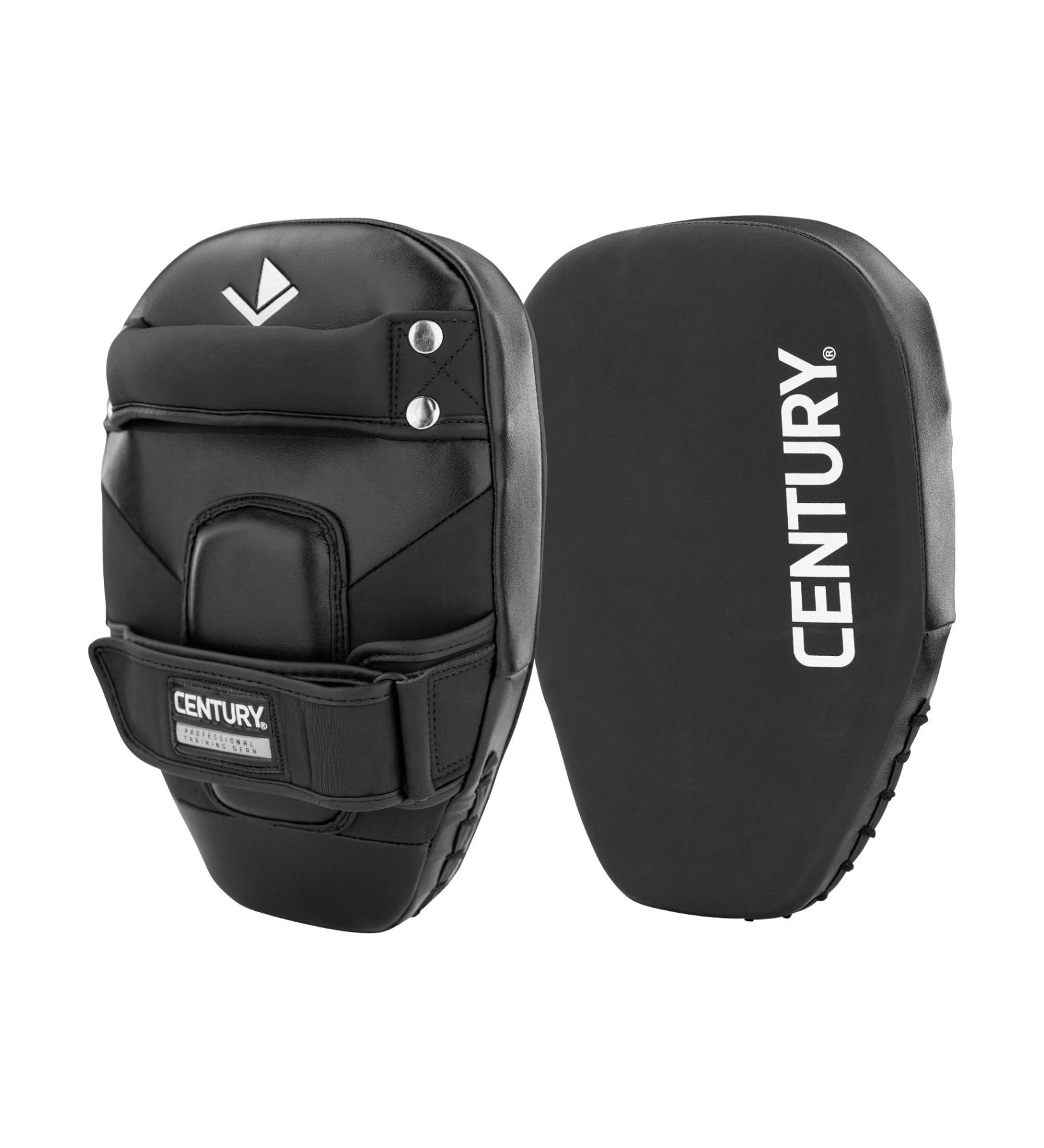 Black boxing Thai focus mitt pair, side view with Century branding and wrist strap