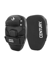 Black boxing Thai focus mitt pair, side view with Century branding and wrist strap