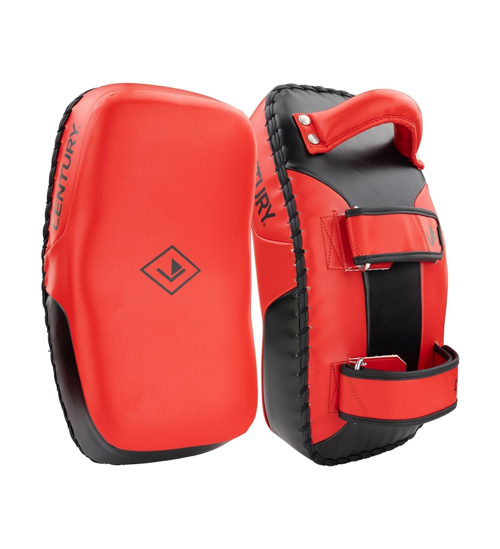 Red and black curved Muay Thai pads with hook-and-loop strap and Century logo