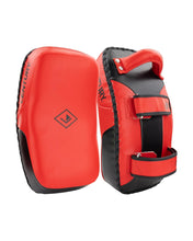 Red and black curved Muay Thai pads with hook-and-loop strap and Century logo