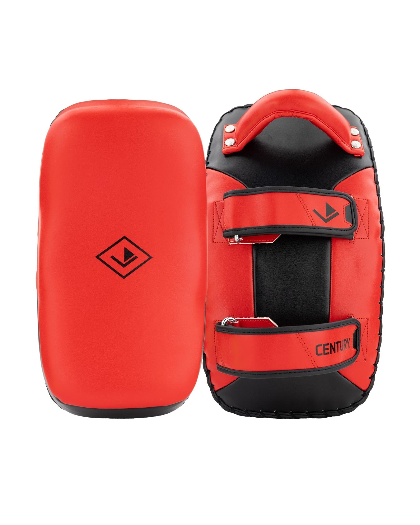 Red and black curved Muay Thai pads with front strap and Century branding