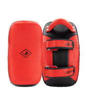 Red and black curved Muay Thai pads with front strap and Century branding