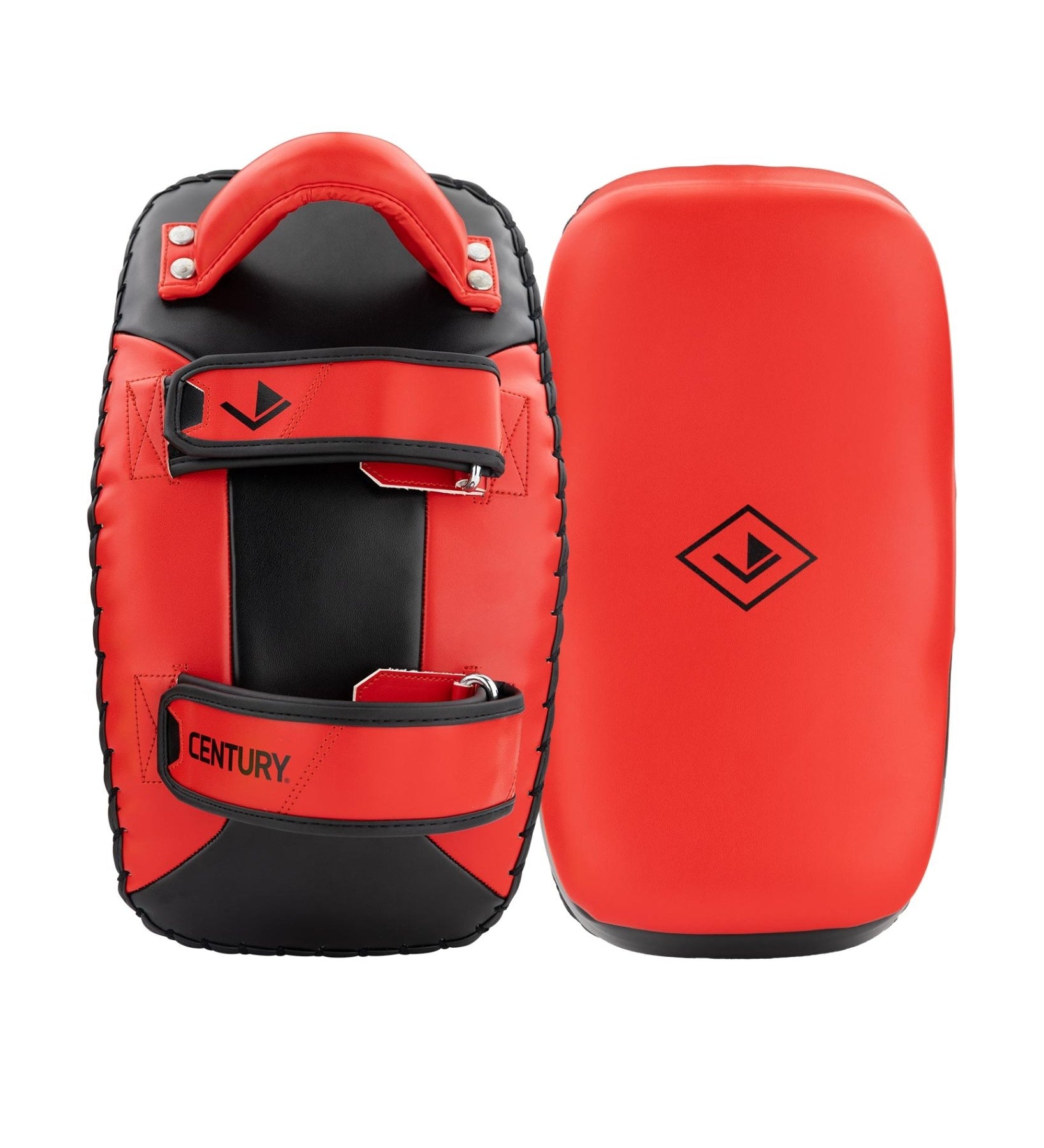 Red and black Muay Thai pads pair with center strap and padded hand guard