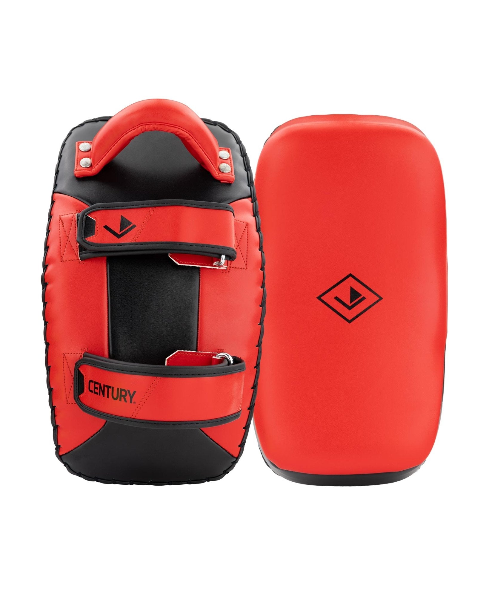 Red and black Muay Thai pads pair with center strap and padded hand guard