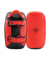 Red and black Muay Thai pads pair with center strap and padded hand guard