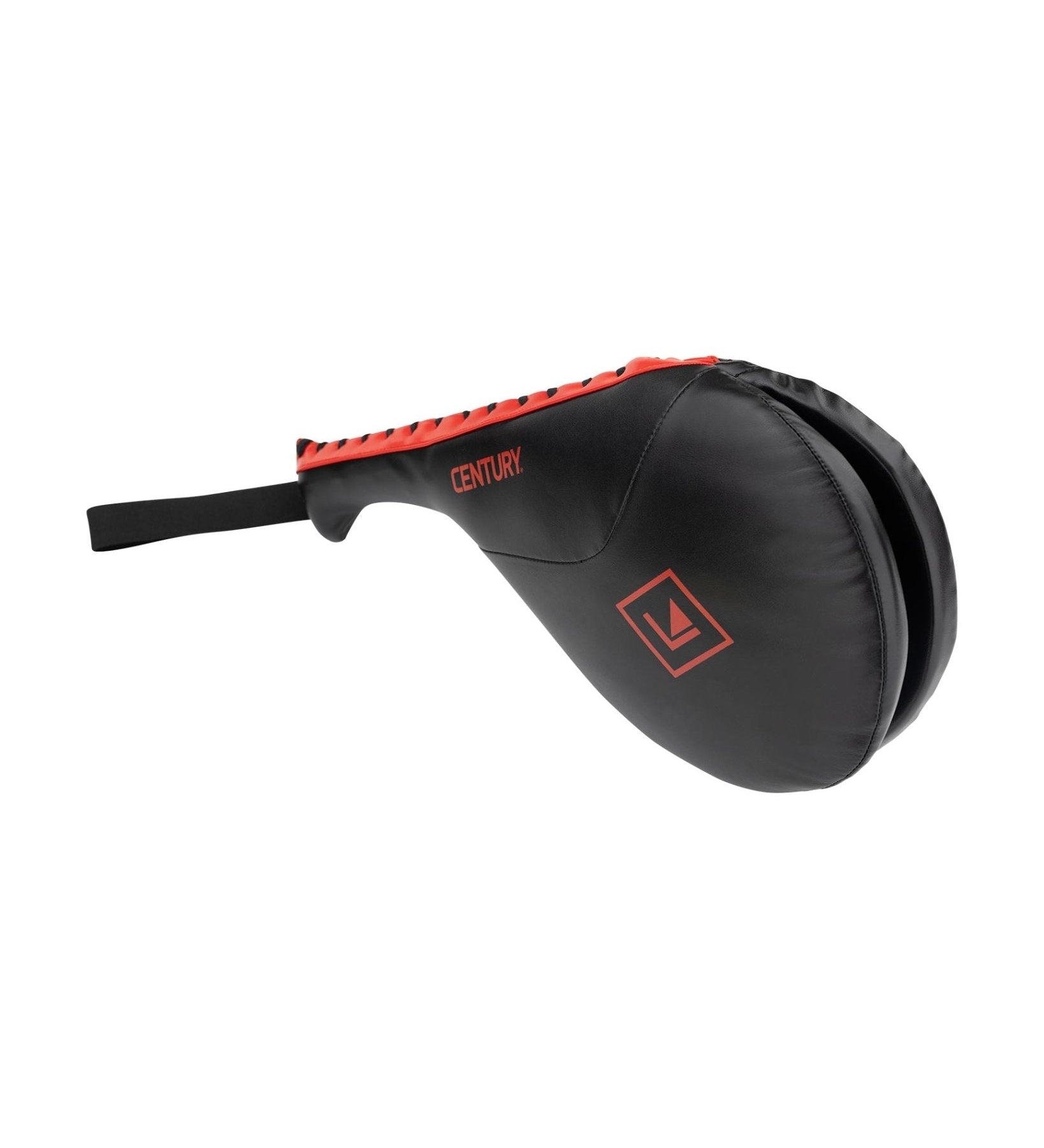 Black Century double target training pad with orange-trimmed seam and wrist strap