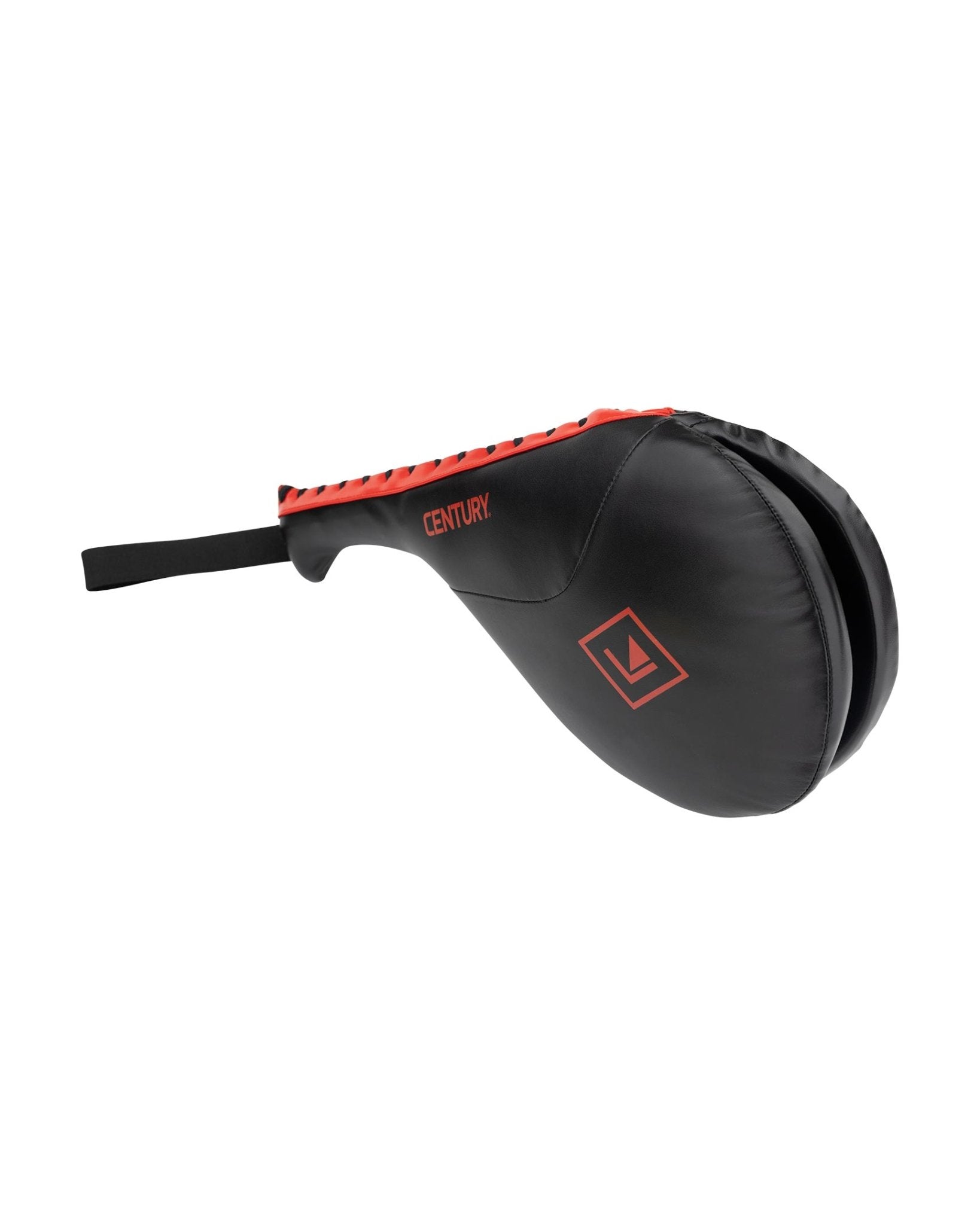 Black Century double target training pad with orange-trimmed seam and wrist strap