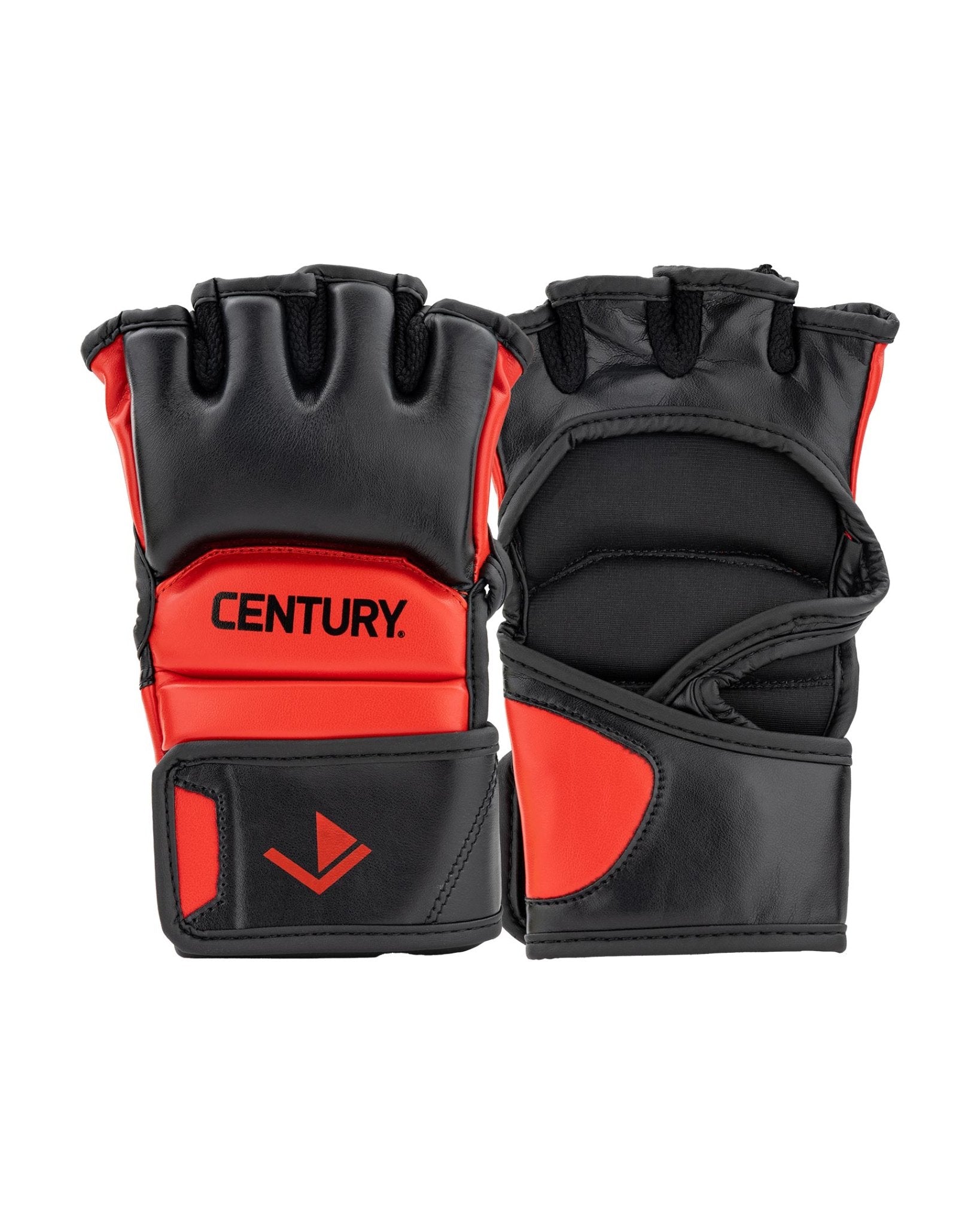 Black boxing gloves with red trim, thumbs, and 'CENTURY.' logo