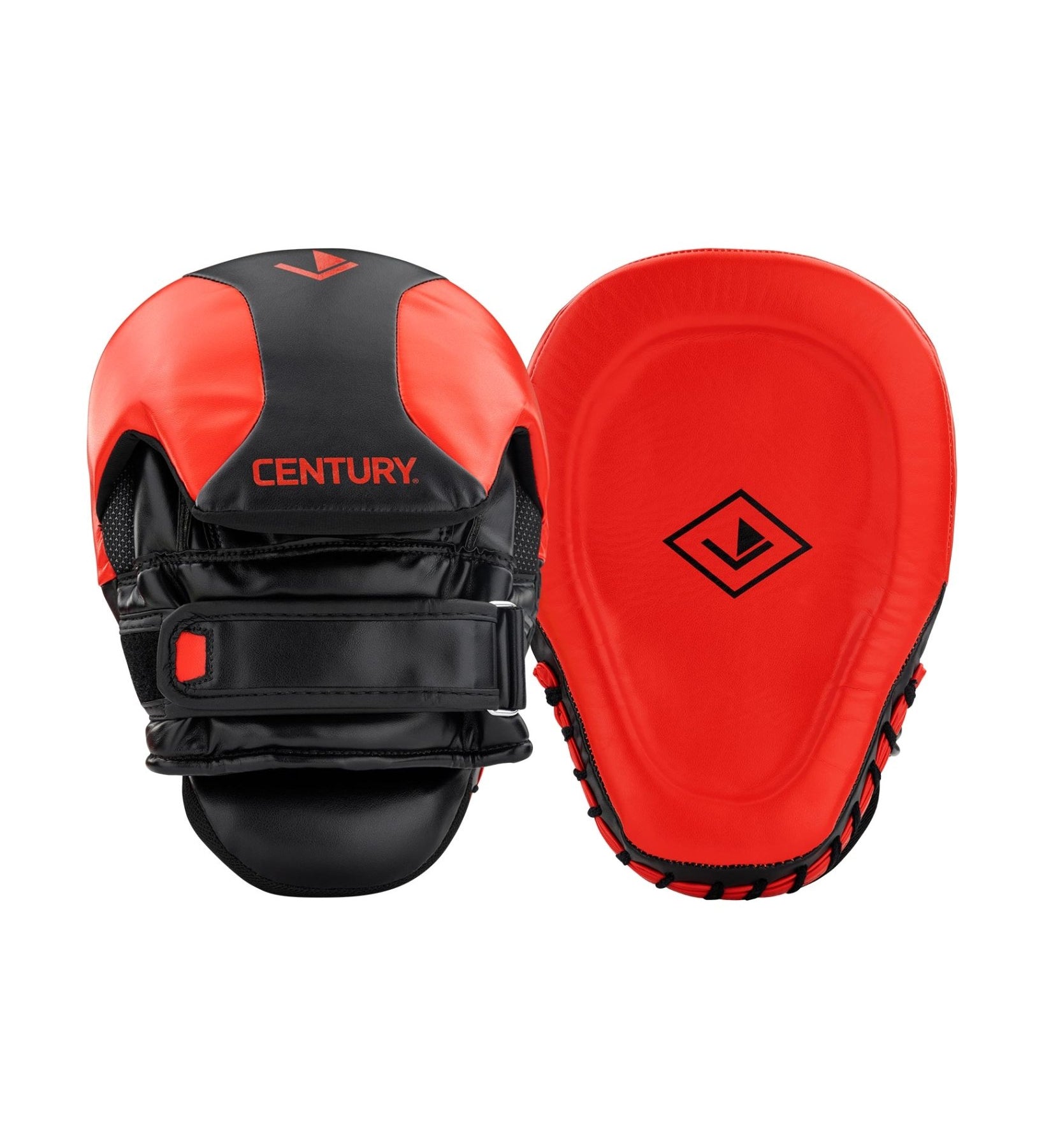 Red and black pair of boxing focus mitts with Century logo and hook-and-loop straps