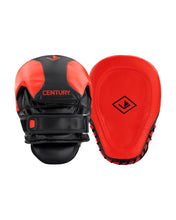 Red and black pair of boxing focus mitts with Century logo and hook-and-loop straps