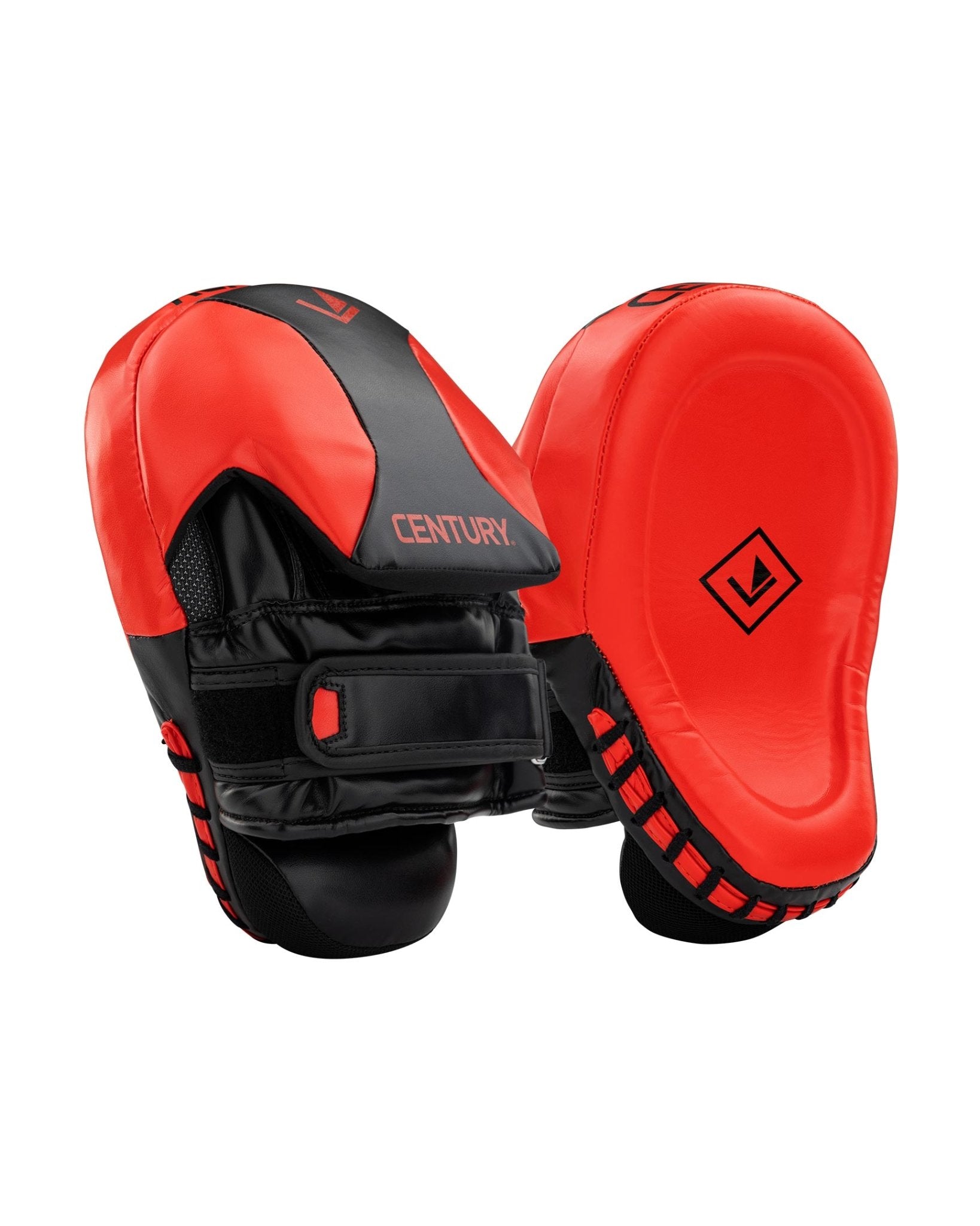 Red and black Century focus mitt pair with curved red striking pads and black backing