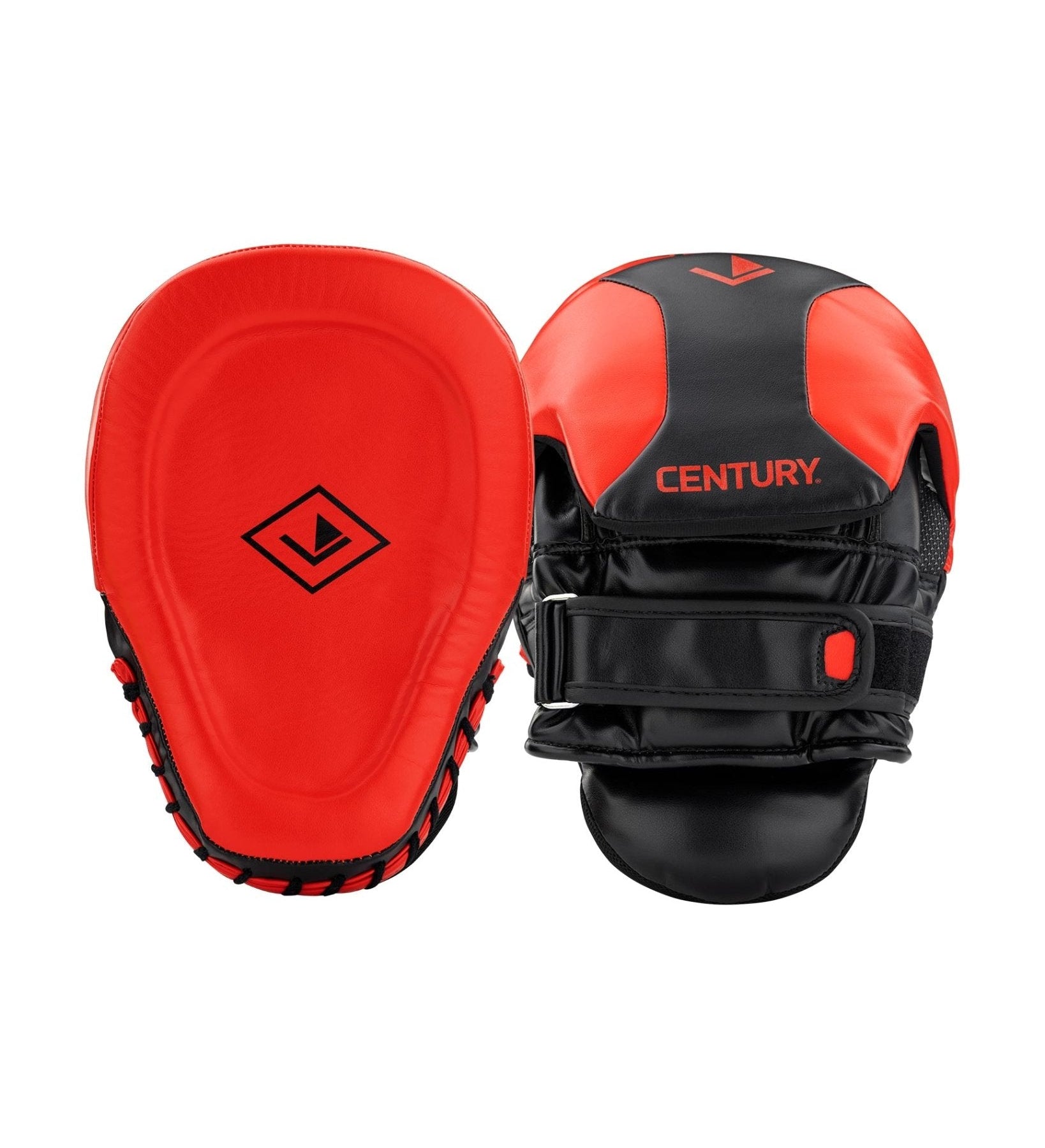 Pair of red and black Century focus mitts with black padded hand wrap