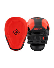 Pair of red and black Century focus mitts with black padded hand wrap