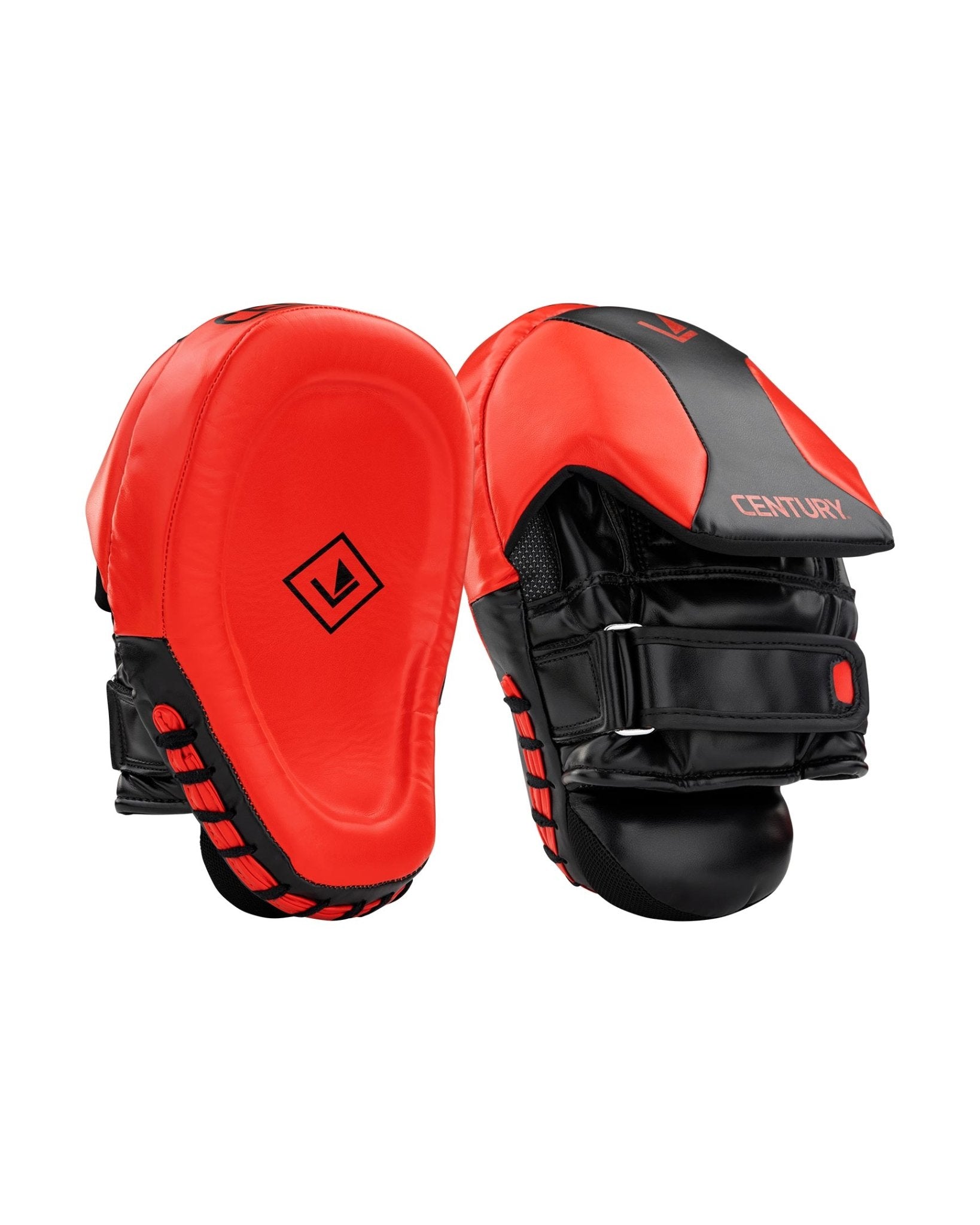 Two-sided red and black focus mitts with Century logo and black wrist padding