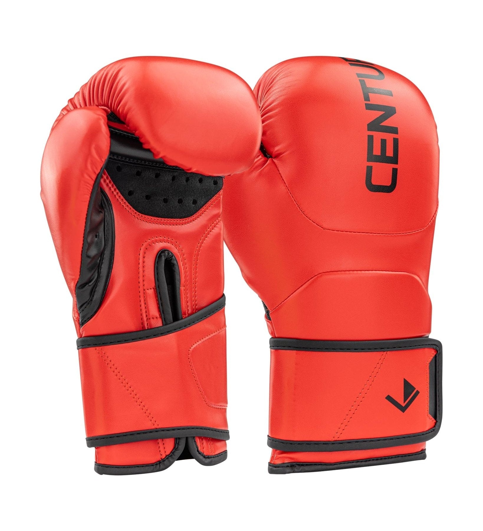 Red heavy bag boxing gloves with black wrist strap and CEN logo