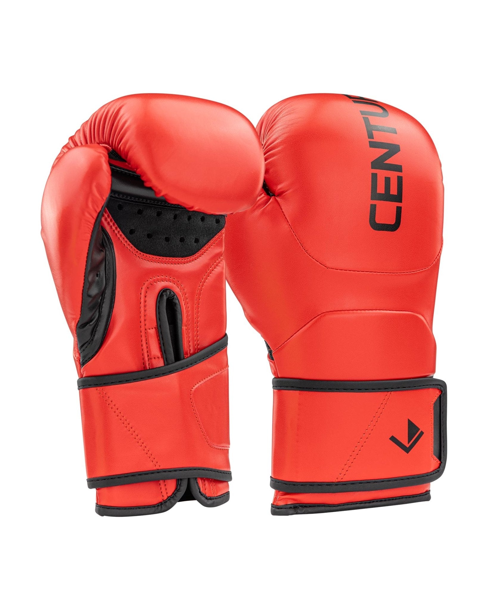 Red heavy bag boxing gloves with black wrist strap and CEN logo