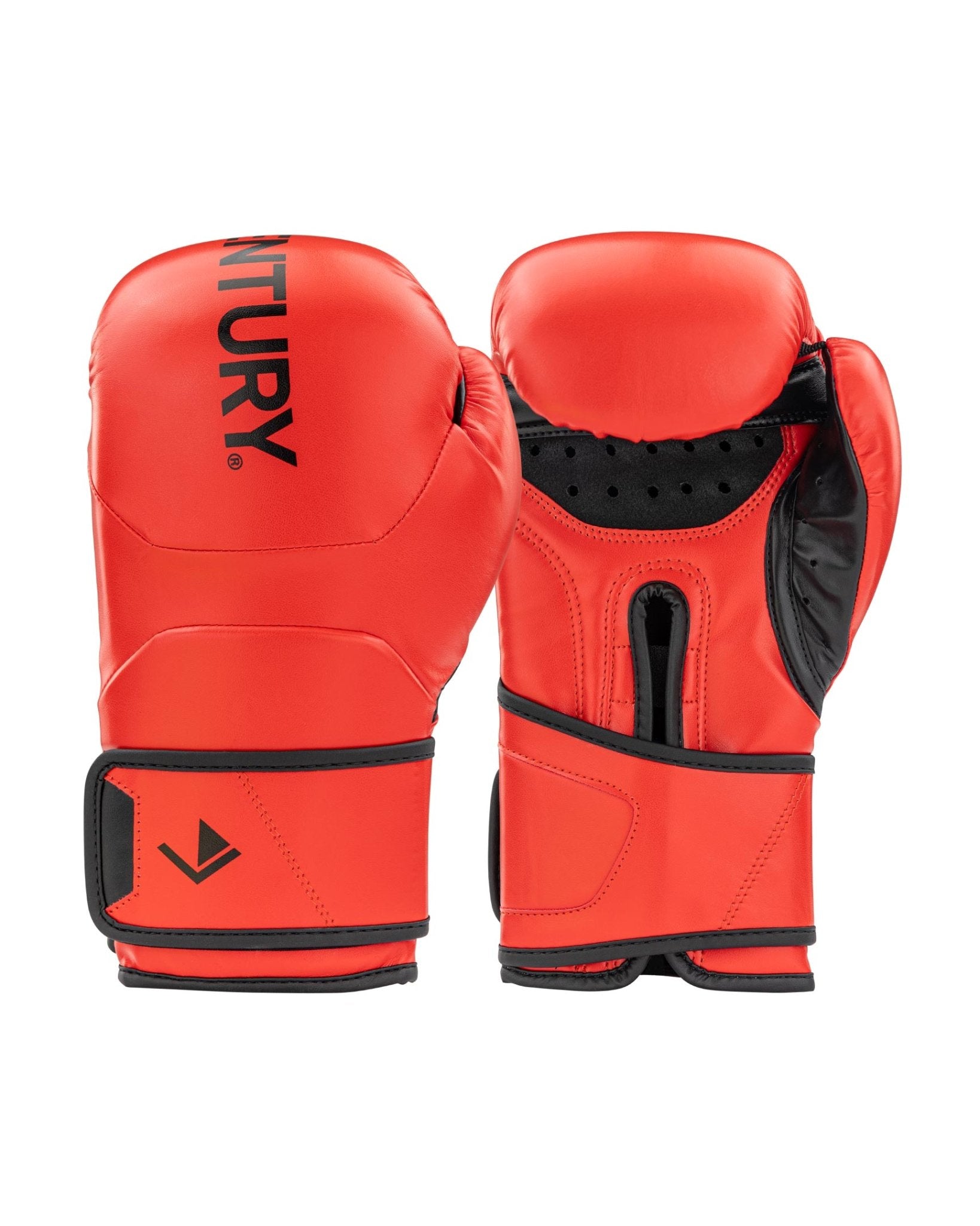 Red heavy bag boxing gloves with CEN logo and black padded wrist strap