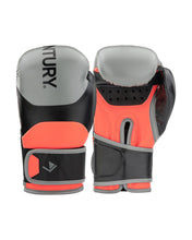 Heavy bag boxing gloves pair close view, grey back, black palm, red trim and wrist strap