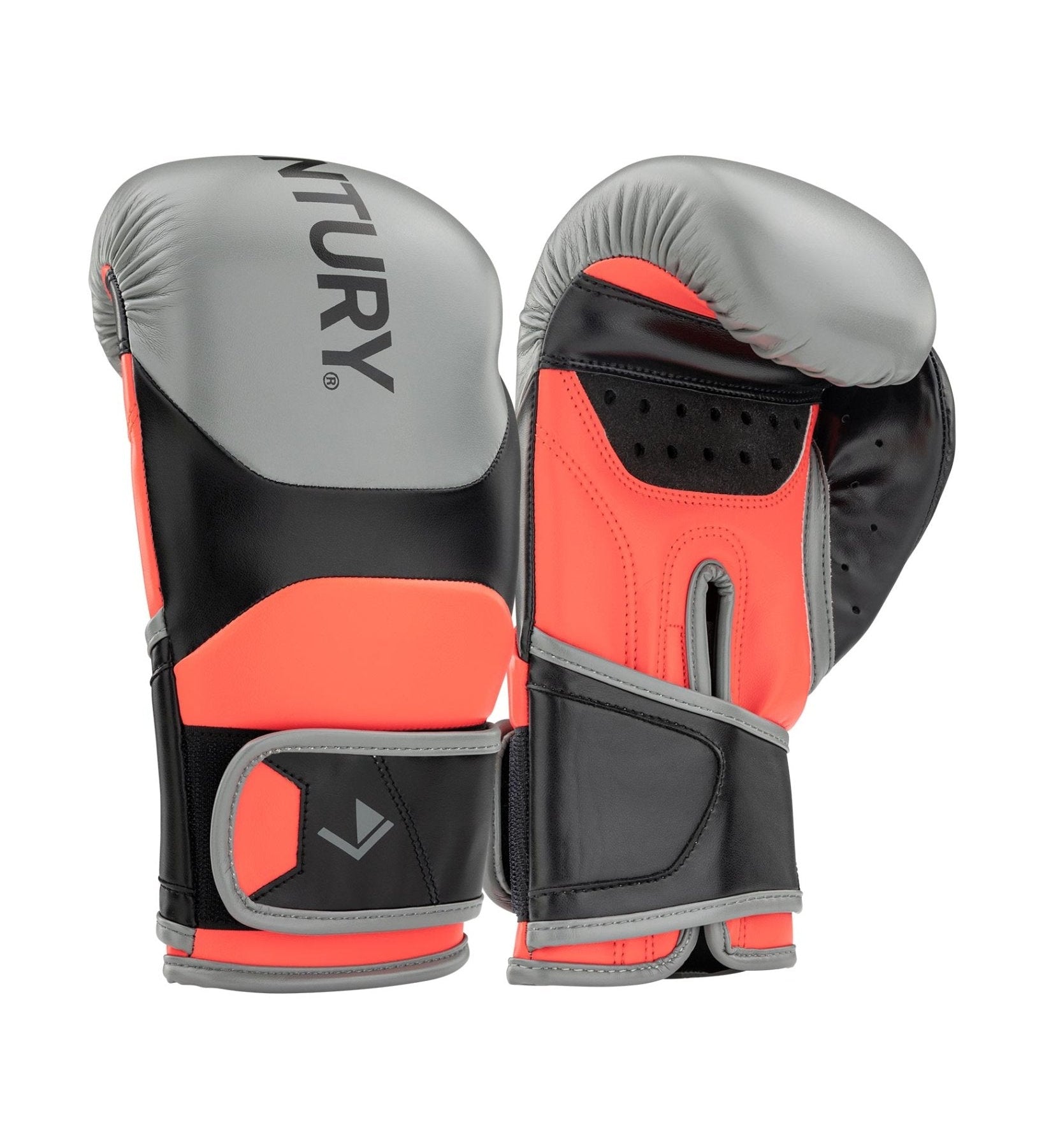 Heavy bag boxing gloves pair, grey tops with ITURY logo, black sides, red padding, wrap cuffs
