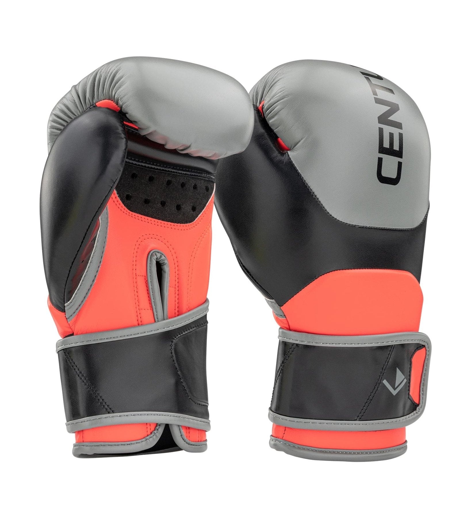 Heavy bag boxing gloves in grey, black, and red with padded wrist wrap and vent holes